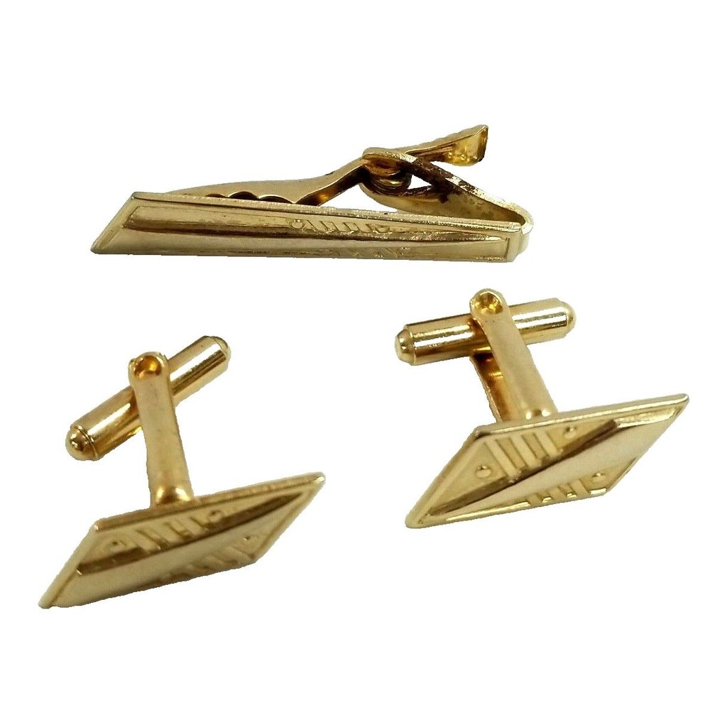 Vintage Gold Tone Cufflinks and Matching Tie Clip
